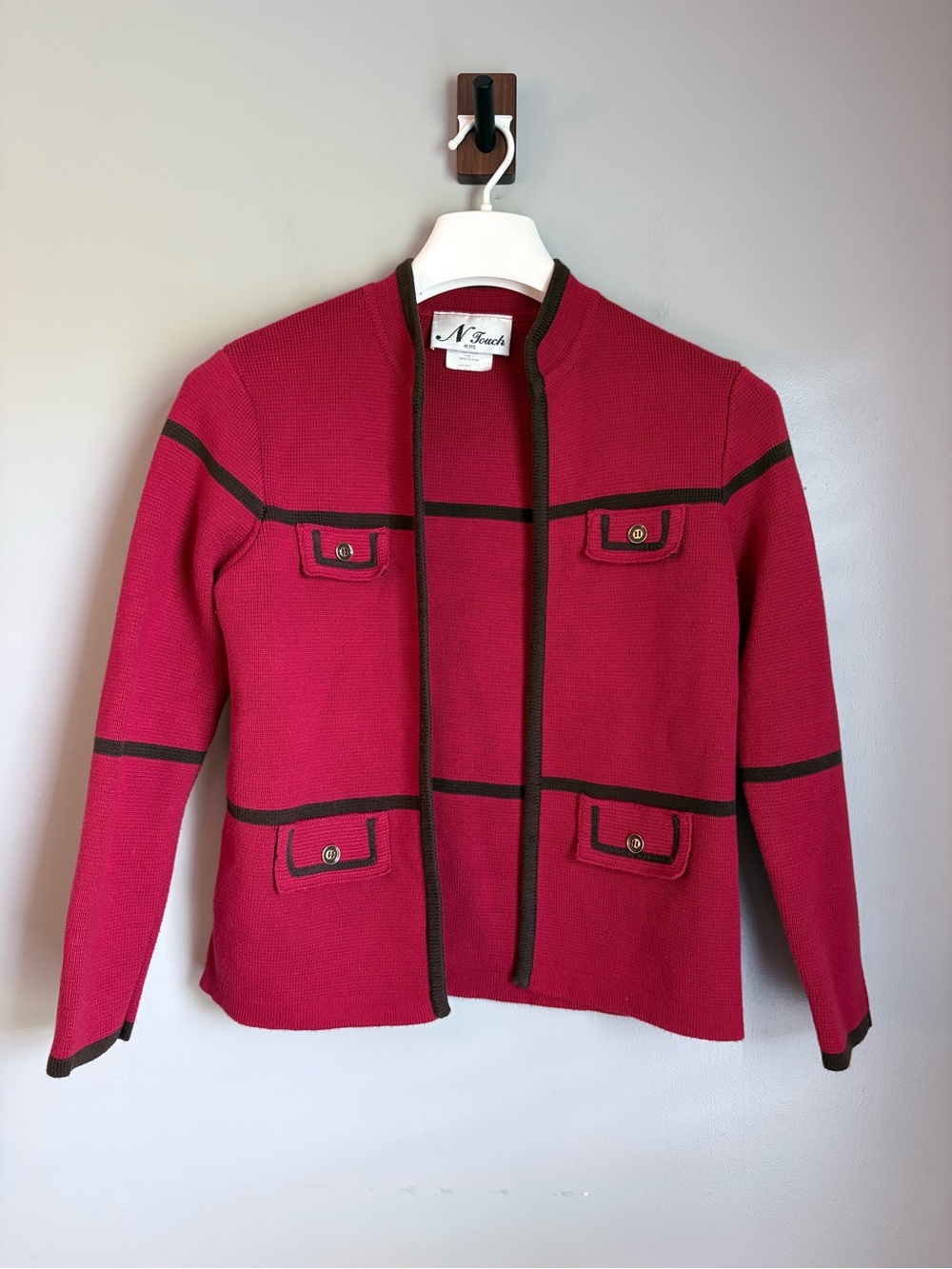 90s Vintage Petite Womens Small Knit Open Front Cardigan Jacket Red Brown Trim